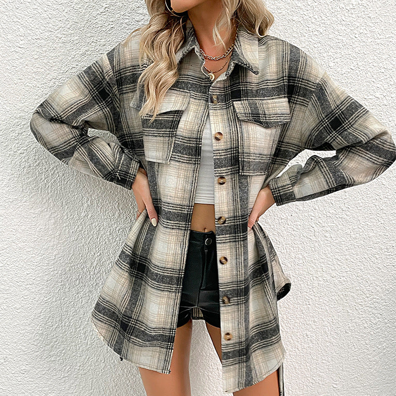 Damen Lässige Overshirt-Jacke Im Karo-Design mit Knöpfbarer Front Heidi-Mode