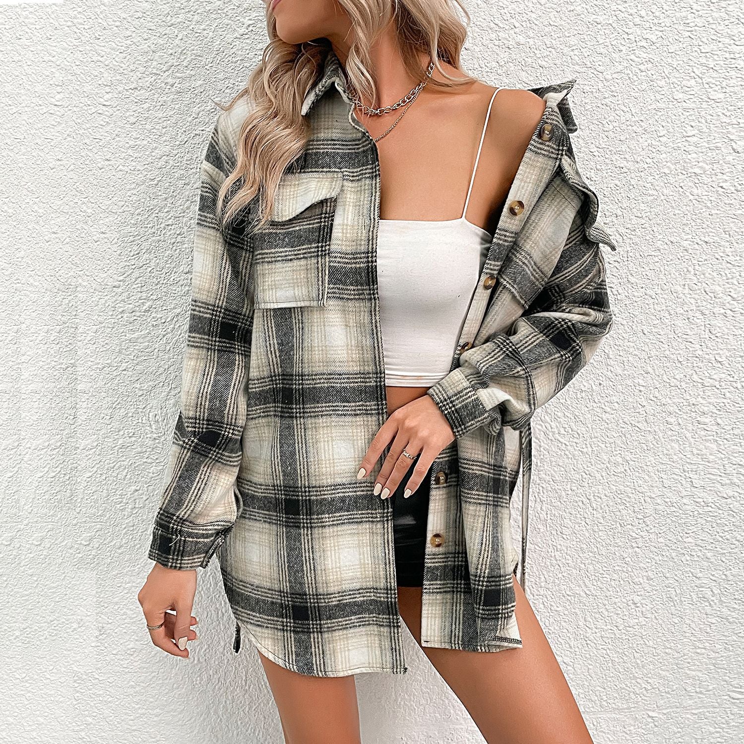 Damen Lässige Overshirt-Jacke Im Karo-Design mit Knöpfbarer Front Heidi-Mode - Image 2