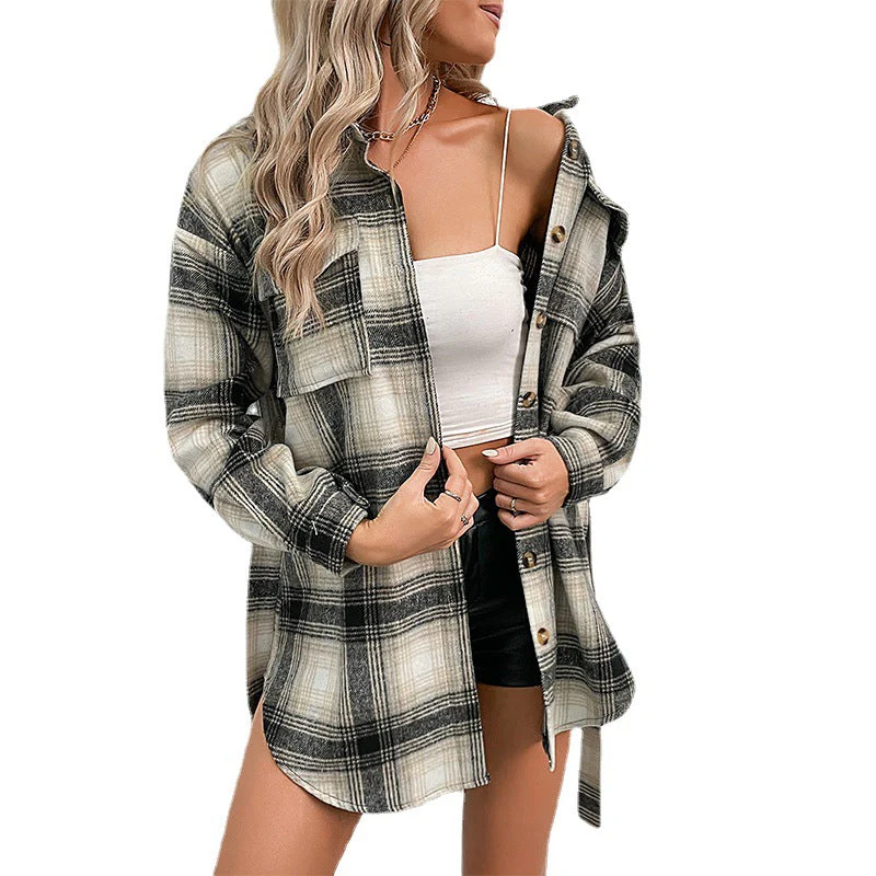 Damen Lässige Overshirt-Jacke Im Karo-Design mit Knöpfbarer Front Heidi-Mode - Image 5