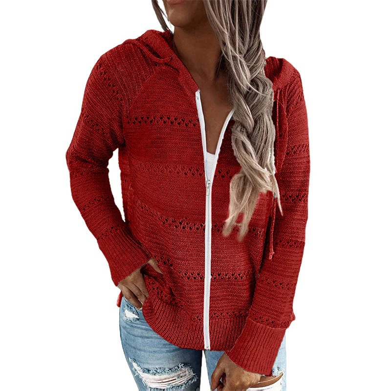 Damen Lässige Strickjacke mit Kapuze und Dekorativem Lochmuster Heidi-Mode - Image 10