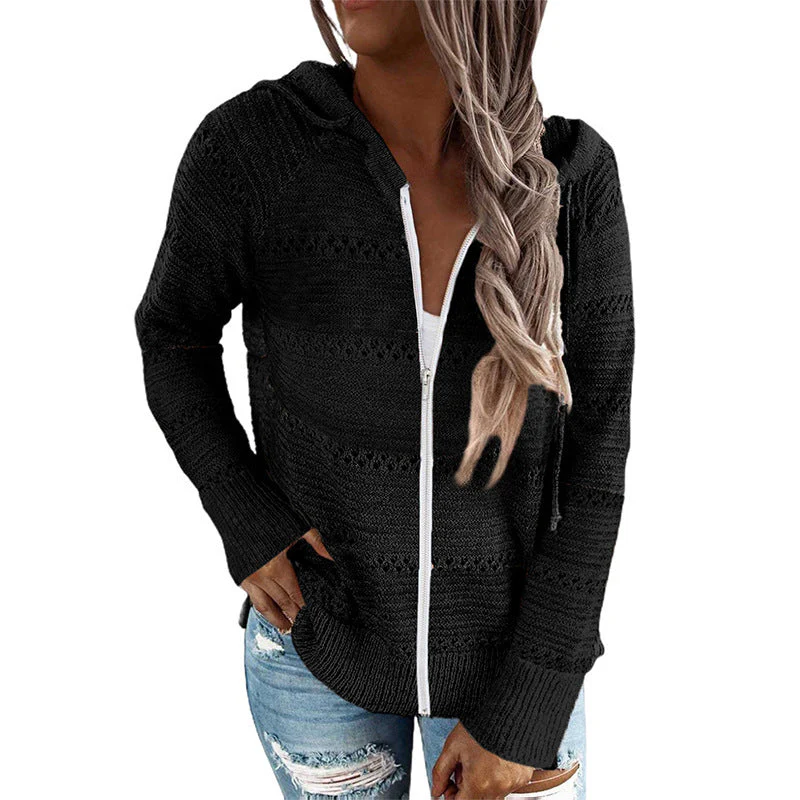Damen Lässige Strickjacke mit Kapuze und Dekorativem Lochmuster Heidi-Mode - Image 15