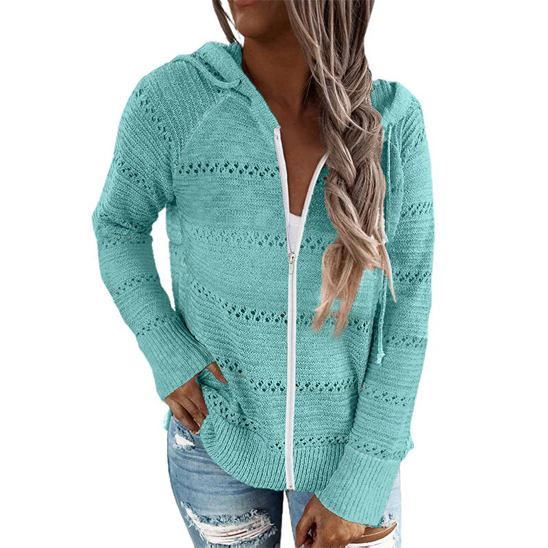 Damen Lässige Strickjacke mit Kapuze und Dekorativem Lochmuster Heidi-Mode - Image 17