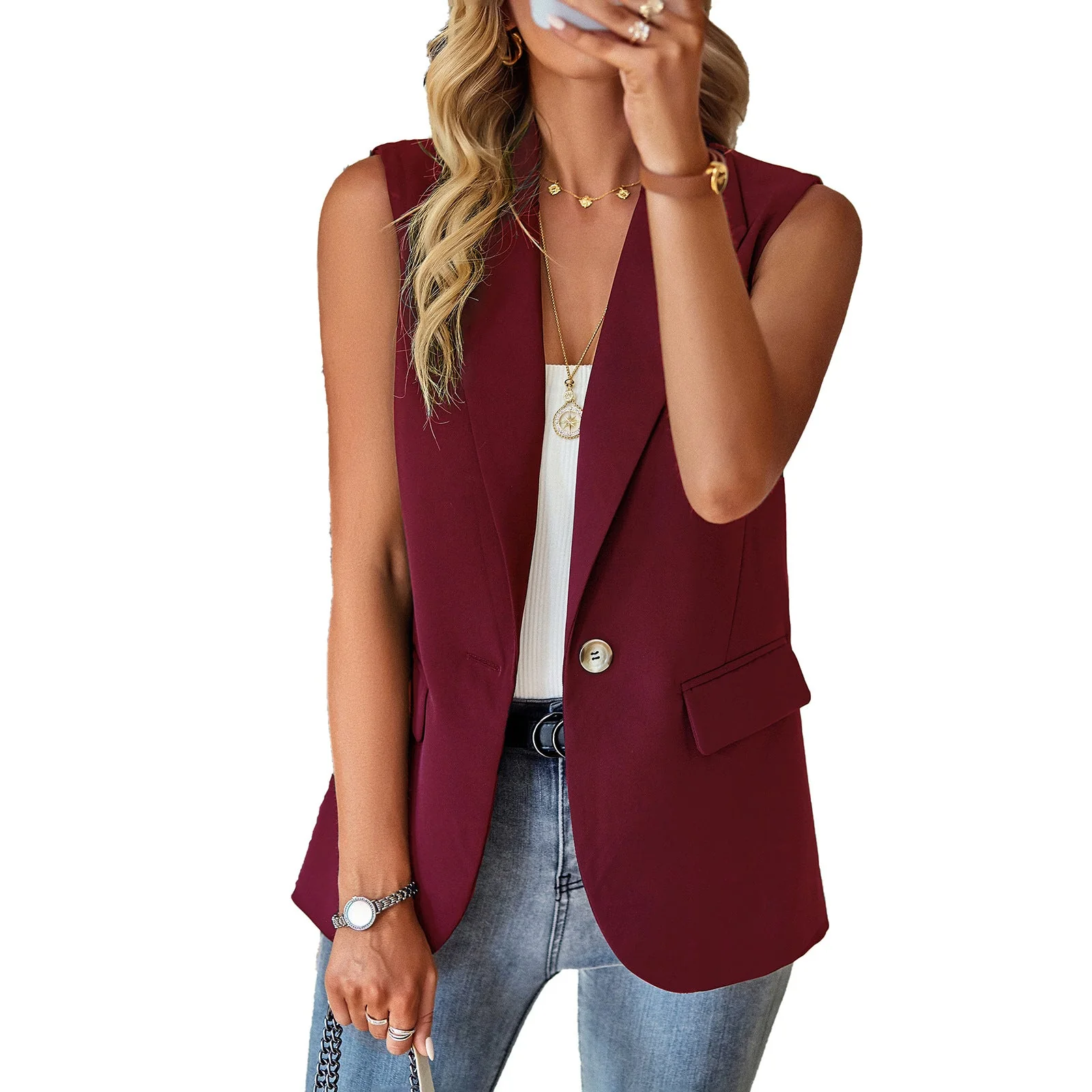 Damen Lässiger Blazer Ohne Ärmel mit Tailliertem Schnitt und Eleganten Taschen Heidi-Mode - Image 5