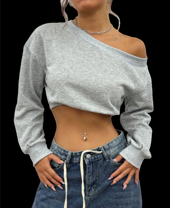 Damen Lässiger Cropped Pullover mit Asymmetrischem Ausschnitt Heidi-Mode - Image 5