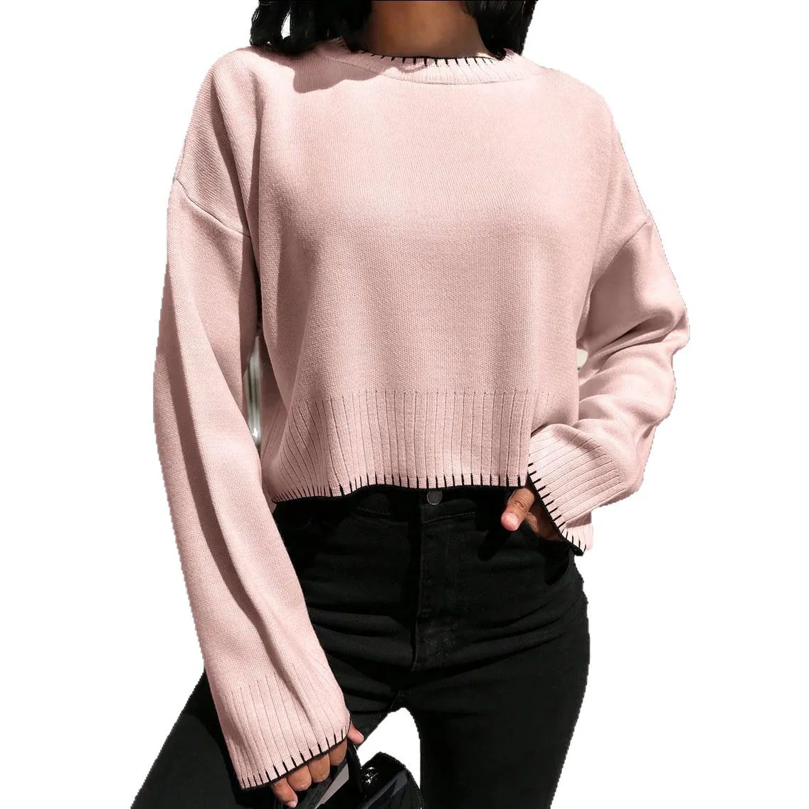 Damen lässiger Cropped Pullover mit feiner Rippstruktur und elastischem Bund Heidi-Mode - Image 5