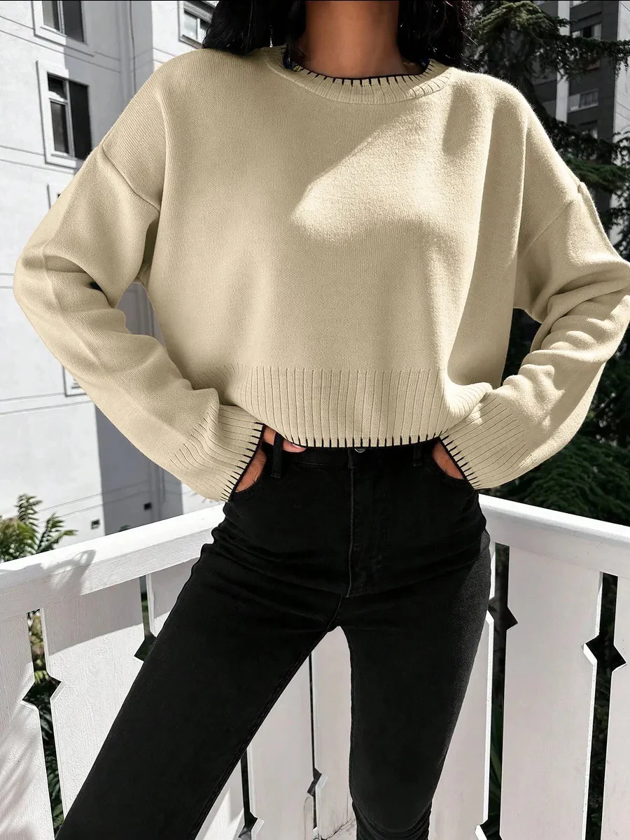 Damen lässiger Cropped Pullover mit feiner Rippstruktur und elastischem Bund Heidi-Mode - Image 6