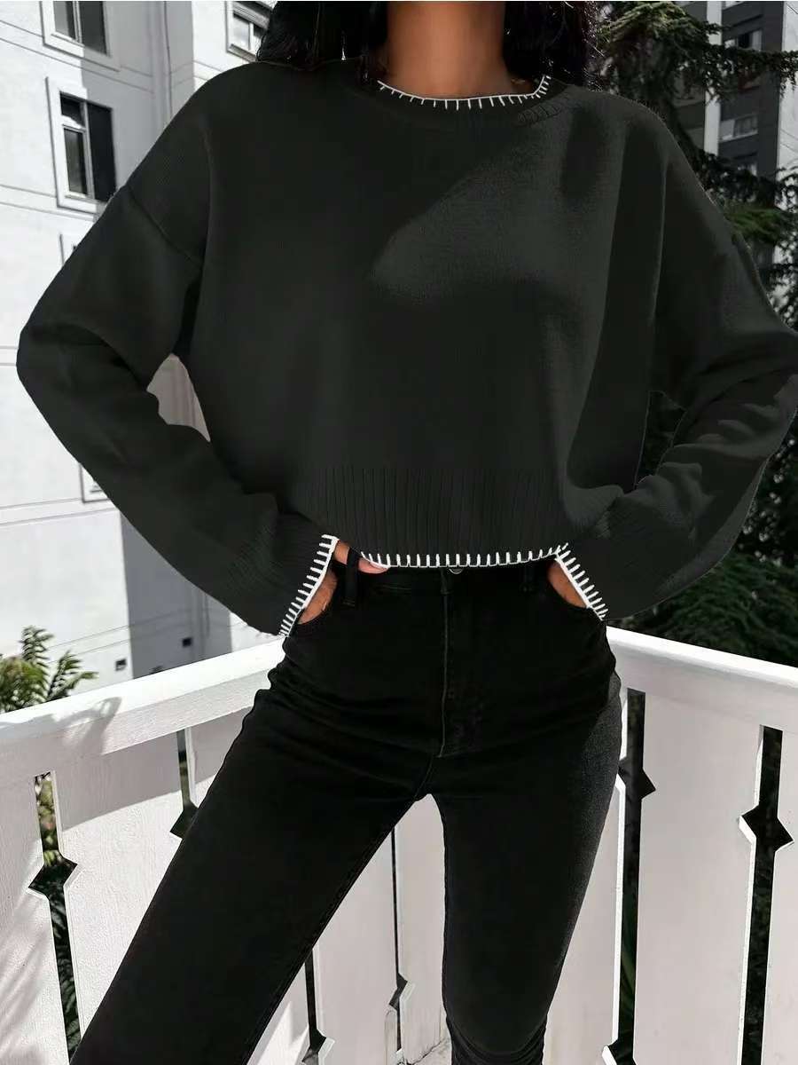 Damen lässiger Cropped Pullover mit feiner Rippstruktur und elastischem Bund Heidi-Mode - Image 8