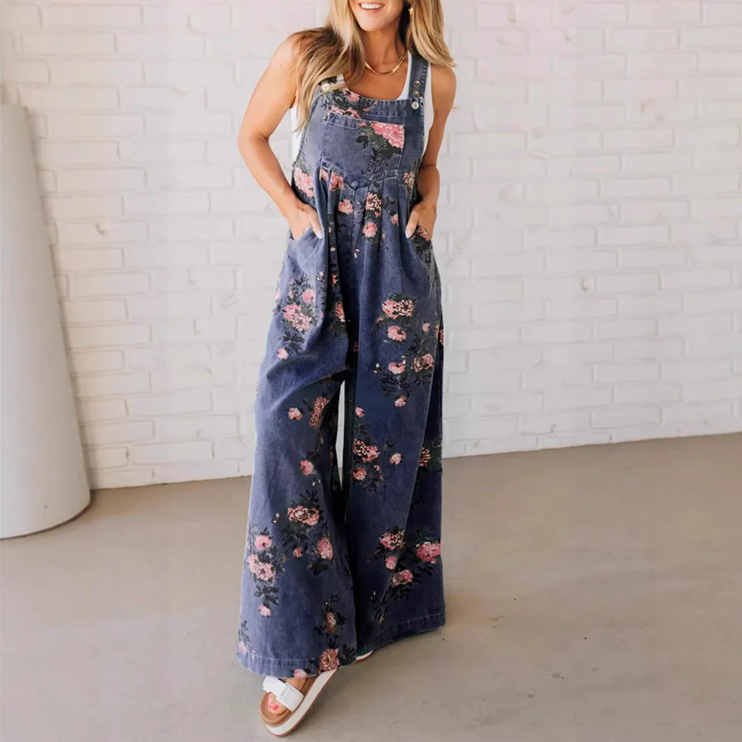 Damen Lässiger Denim-Hosenanzug mit floralem Print und weiten Beinen Heidi-Mode - Image 5