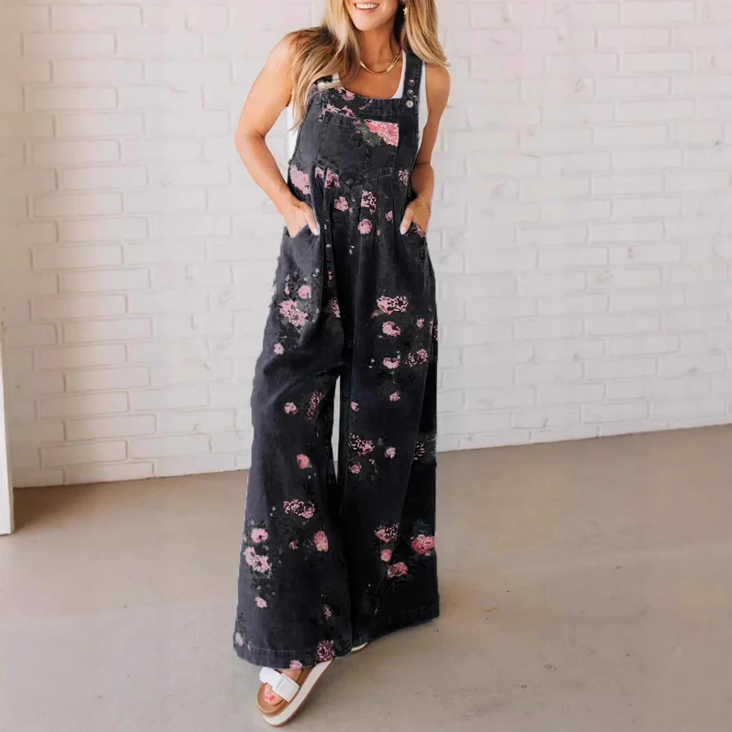 Damen Lässiger Denim-Hosenanzug mit floralem Print und weiten Beinen Heidi-Mode - Image 6