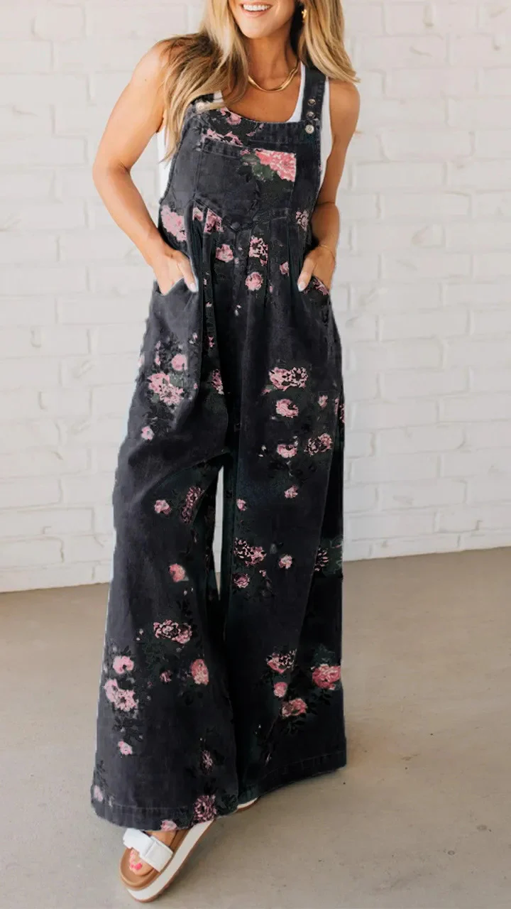 Damen Lässiger Denim-Hosenanzug mit floralem Print und weiten Beinen Heidi-Mode - Image 8