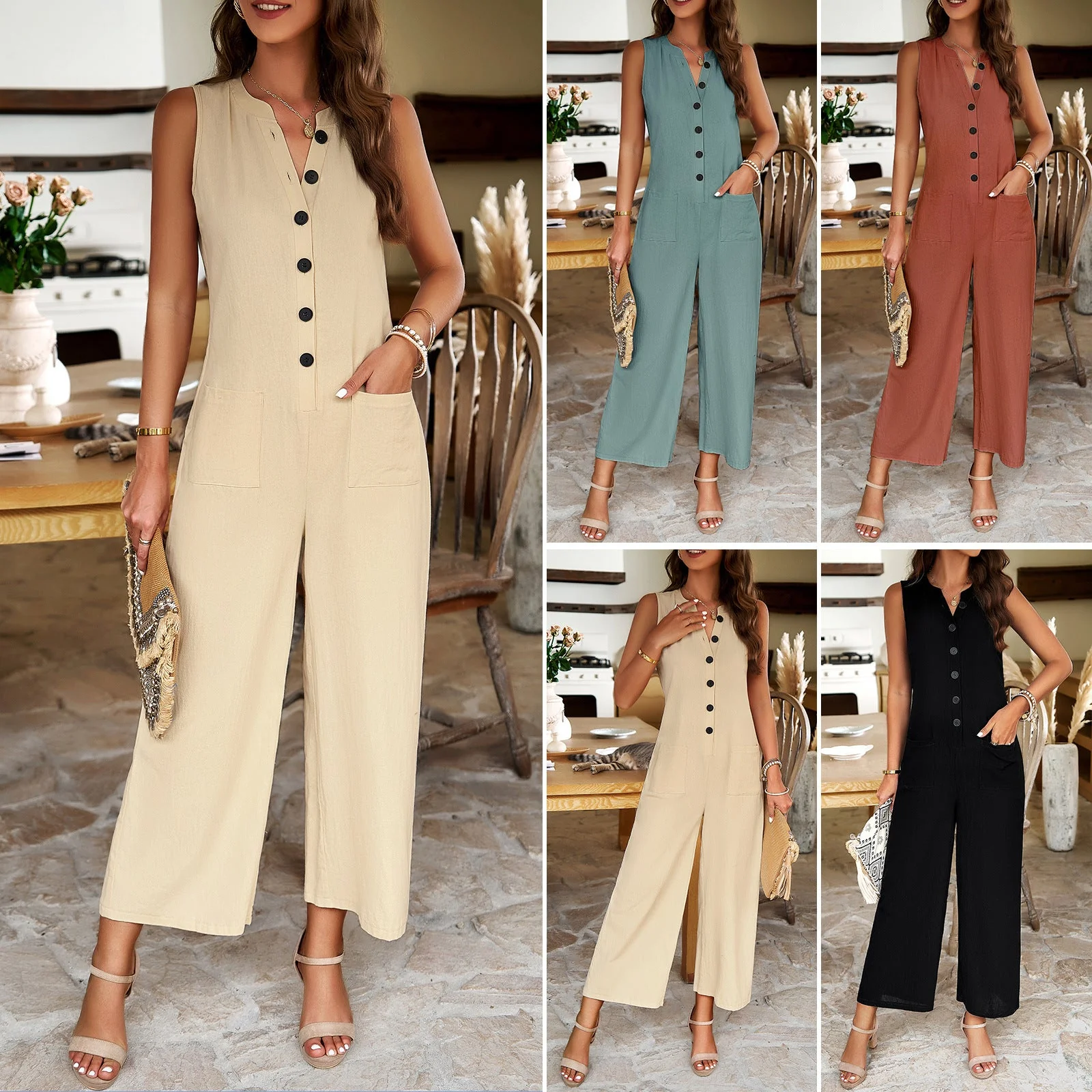 Damen Lässiger Jumpsuit mit Weiten Beinen und Knopfleiste Heidi-Mode