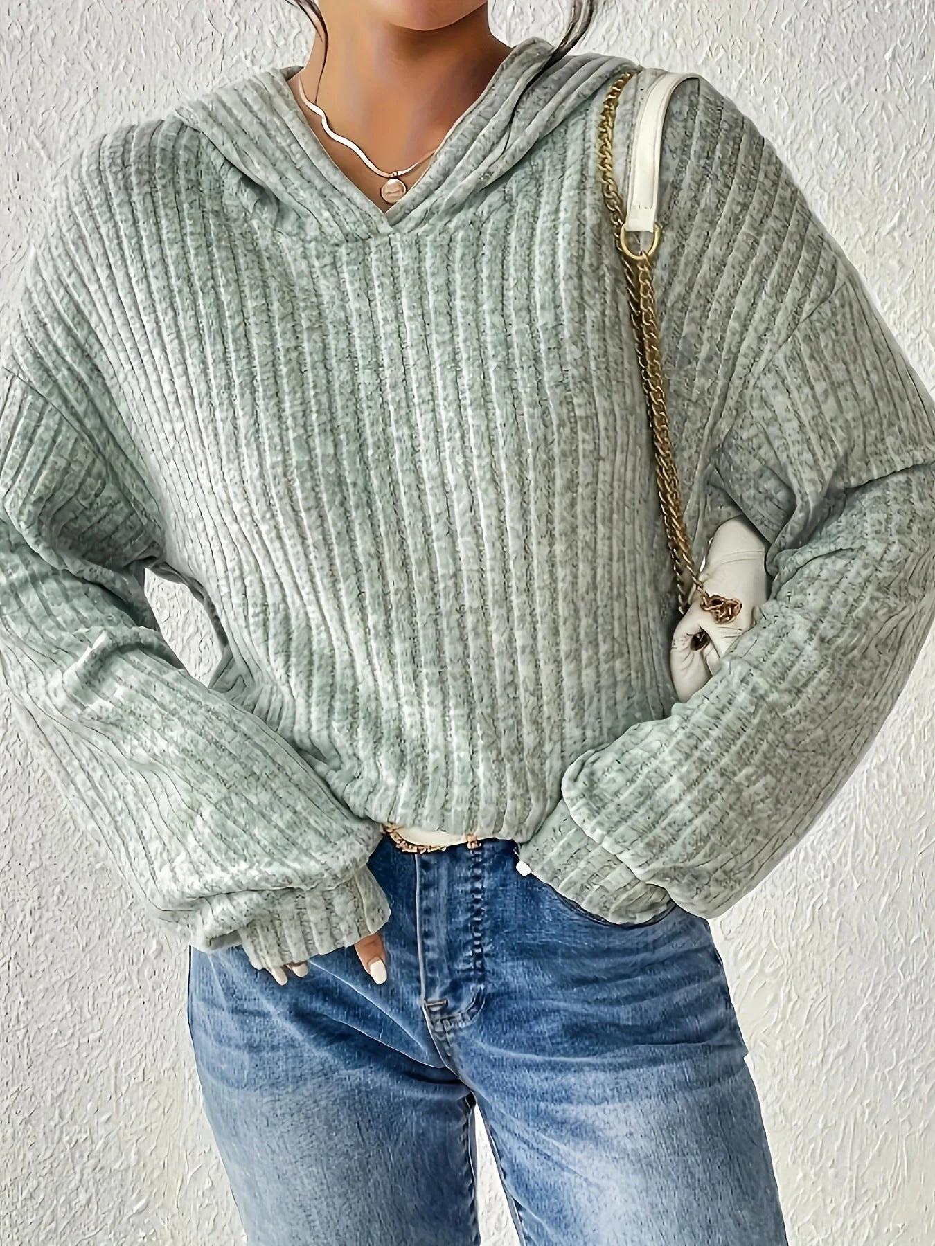 Damen Lässiger Kapuzenpullover mit Stilvollem Rippmuster und Überschnittenen Ärmeln Heidi-Mode - Image 6