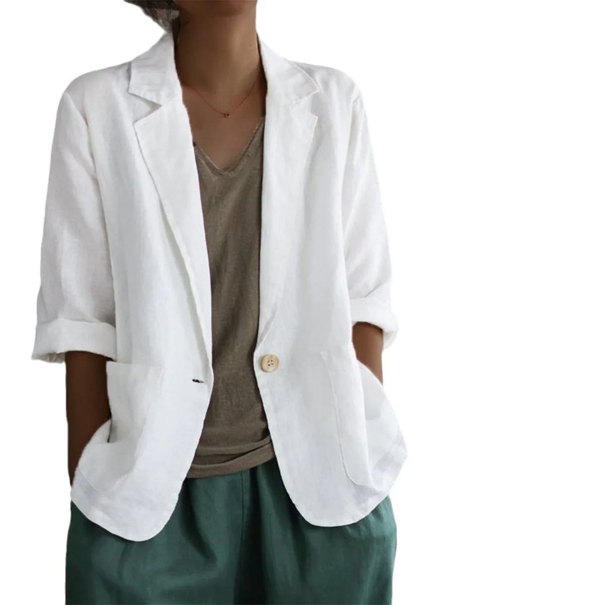 Damen Lässiger Leinenblazer mit breiten Ärmeln und Knopfverschluss Heidi-Mode - Image 2