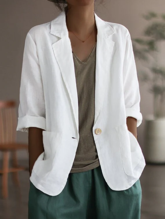Damen Lässiger Leinenblazer mit breiten Ärmeln und Knopfverschluss Heidi-Mode - Image 5