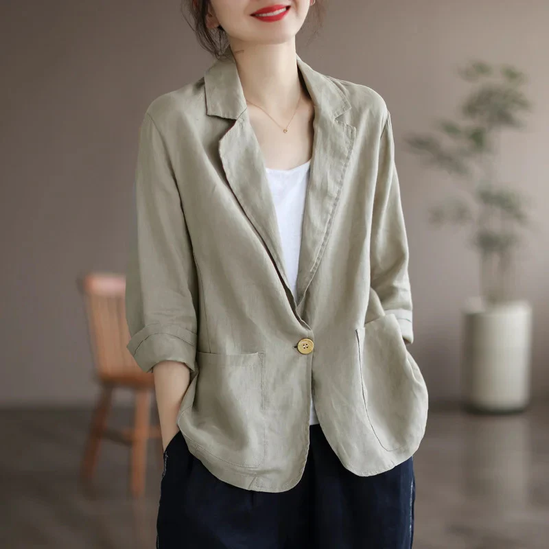 Damen Lässiger Leinenblazer mit breiten Ärmeln und Knopfverschluss Heidi-Mode - Image 6