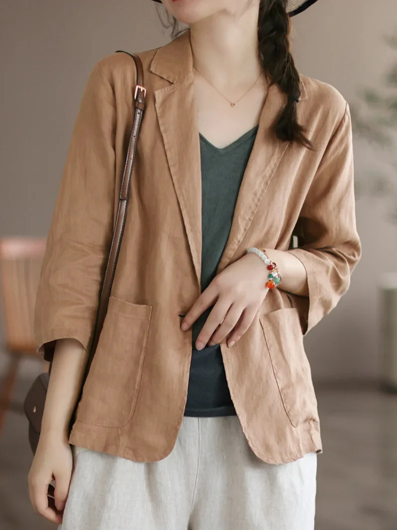 Damen Lässiger Leinenblazer mit breiten Ärmeln und Knopfverschluss Heidi-Mode - Image 7