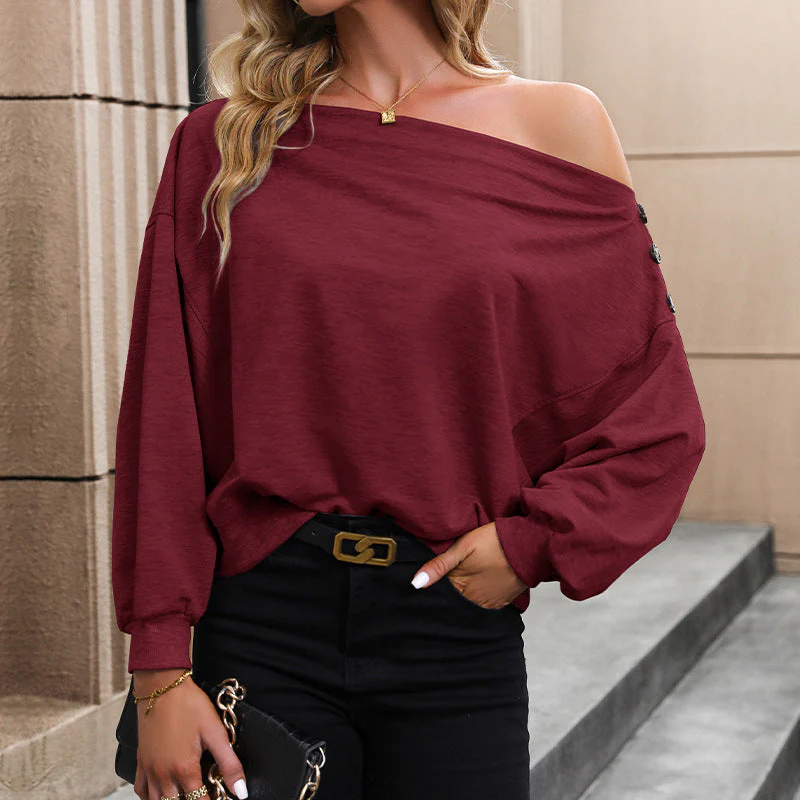 Damen Lässiger One-Shoulder Pullover mit Effektvollen Knopfdetails Heidi-Mode - Image 9
