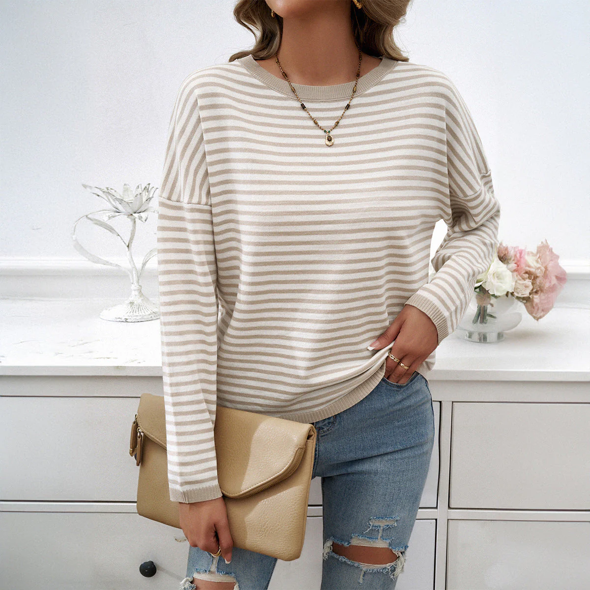 Damen Lässiger Streifenpullover mit Farbigen Akzenten Heidi-Mode - Image 2