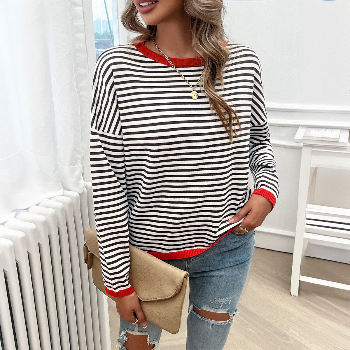 Damen Lässiger Streifenpullover mit Farbigen Akzenten Heidi-Mode - Image 4
