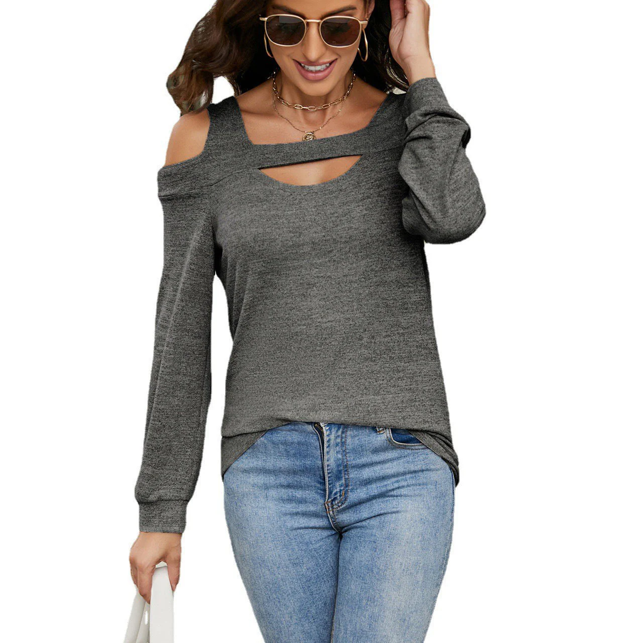 Damen Lässiges Cold-Shoulder Sweatshirt mit Tiefem Ausschnitt und Ballonärmeln Heidi-Mode - Image 2
