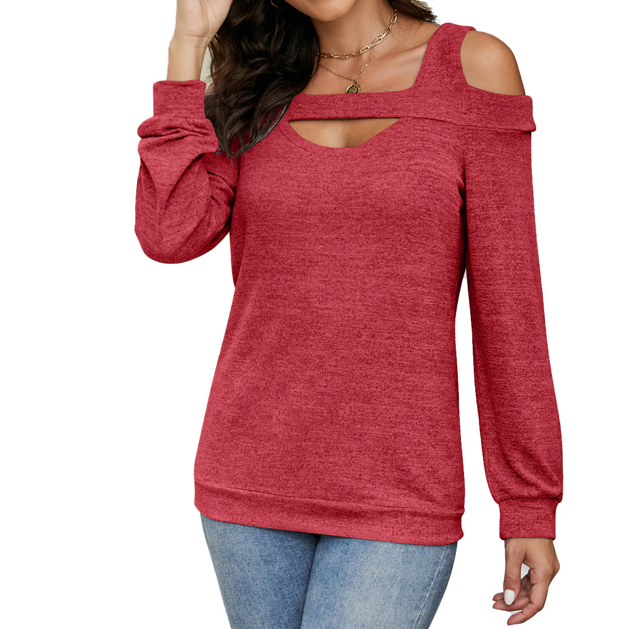 Damen Lässiges Cold-Shoulder Sweatshirt mit Tiefem Ausschnitt und Ballonärmeln Heidi-Mode - Image 4