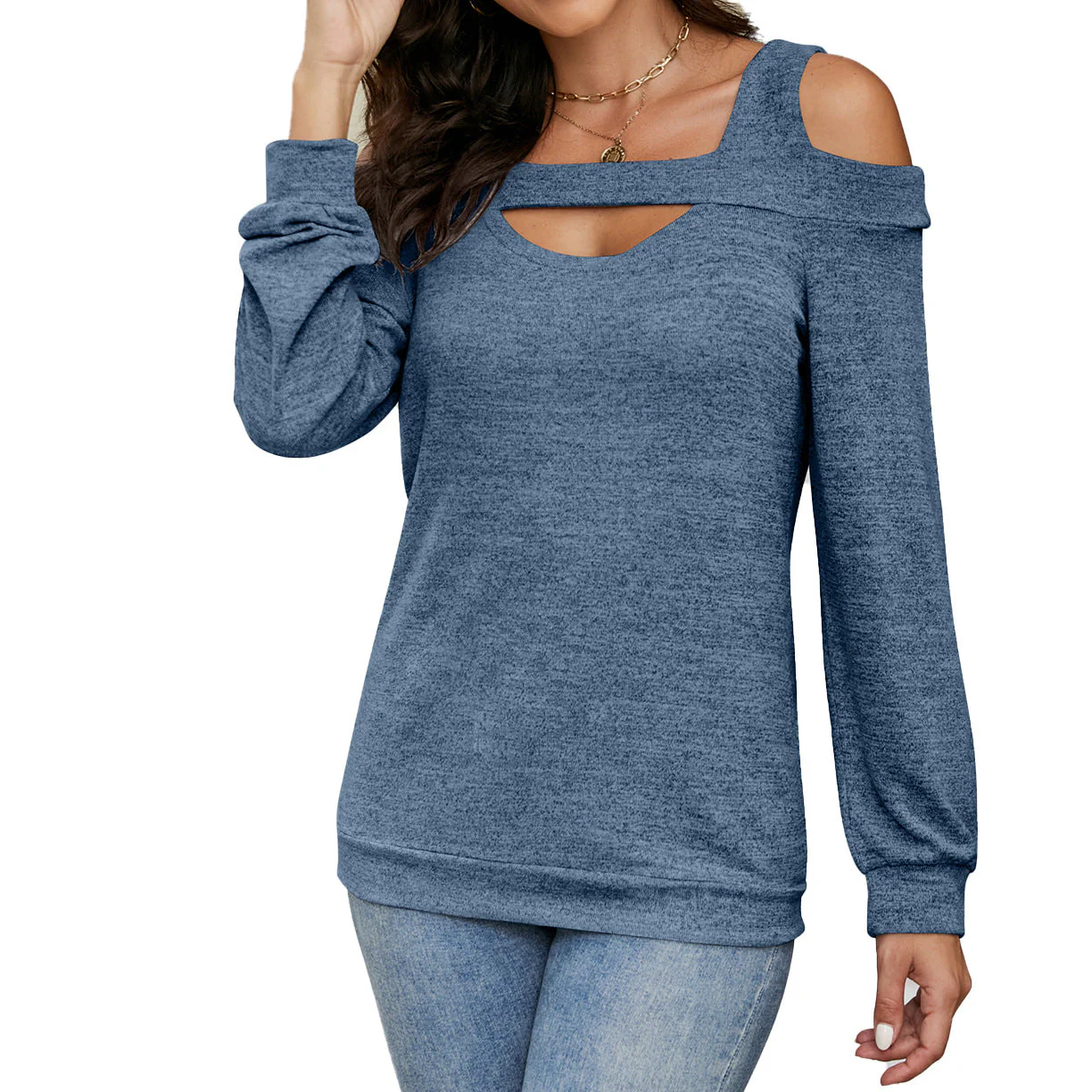 Damen Lässiges Cold-Shoulder Sweatshirt mit Tiefem Ausschnitt und Ballonärmeln Heidi-Mode - Image 5