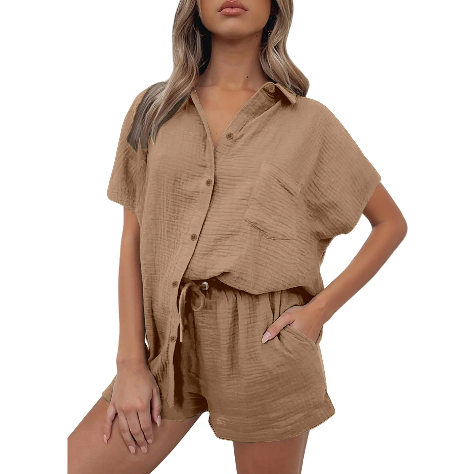 Damen Lässiges Kurzarm-Hemd und Shorts Set Aus Strapazierfähigem Baumwollmaterial mit Praktischen Taschen und Elastischem Bund Heidi-Mode - Image 3