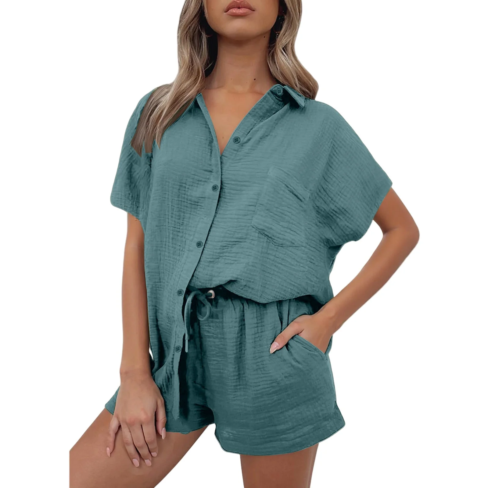 Damen Lässiges Kurzarm-Hemd und Shorts Set Aus Strapazierfähigem Baumwollmaterial mit Praktischen Taschen und Elastischem Bund Heidi-Mode - Image 5