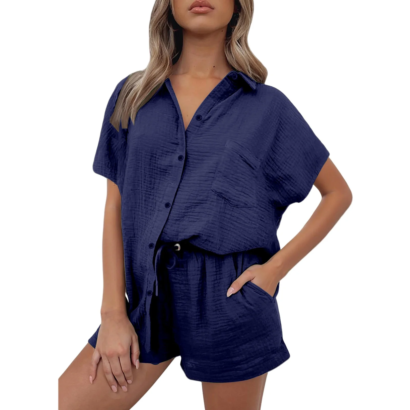 Damen Lässiges Kurzarm-Hemd und Shorts Set Aus Strapazierfähigem Baumwollmaterial mit Praktischen Taschen und Elastischem Bund Heidi-Mode - Image 7