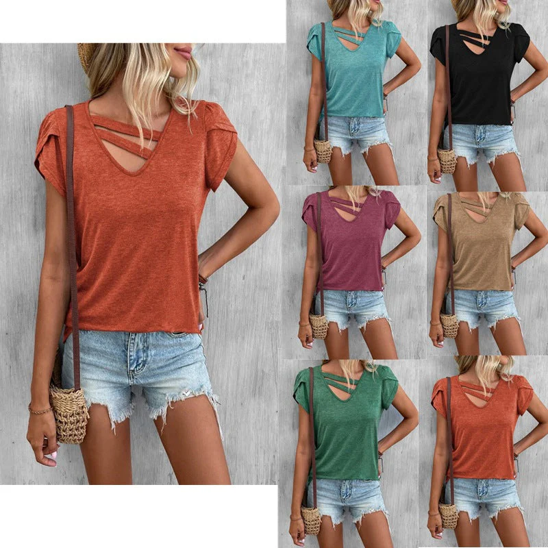 Damen Lässiges Kurzarm T-Shirt mit Einzigartigem Kreuz-Ausschnitt Heidi-Mode - Image 2