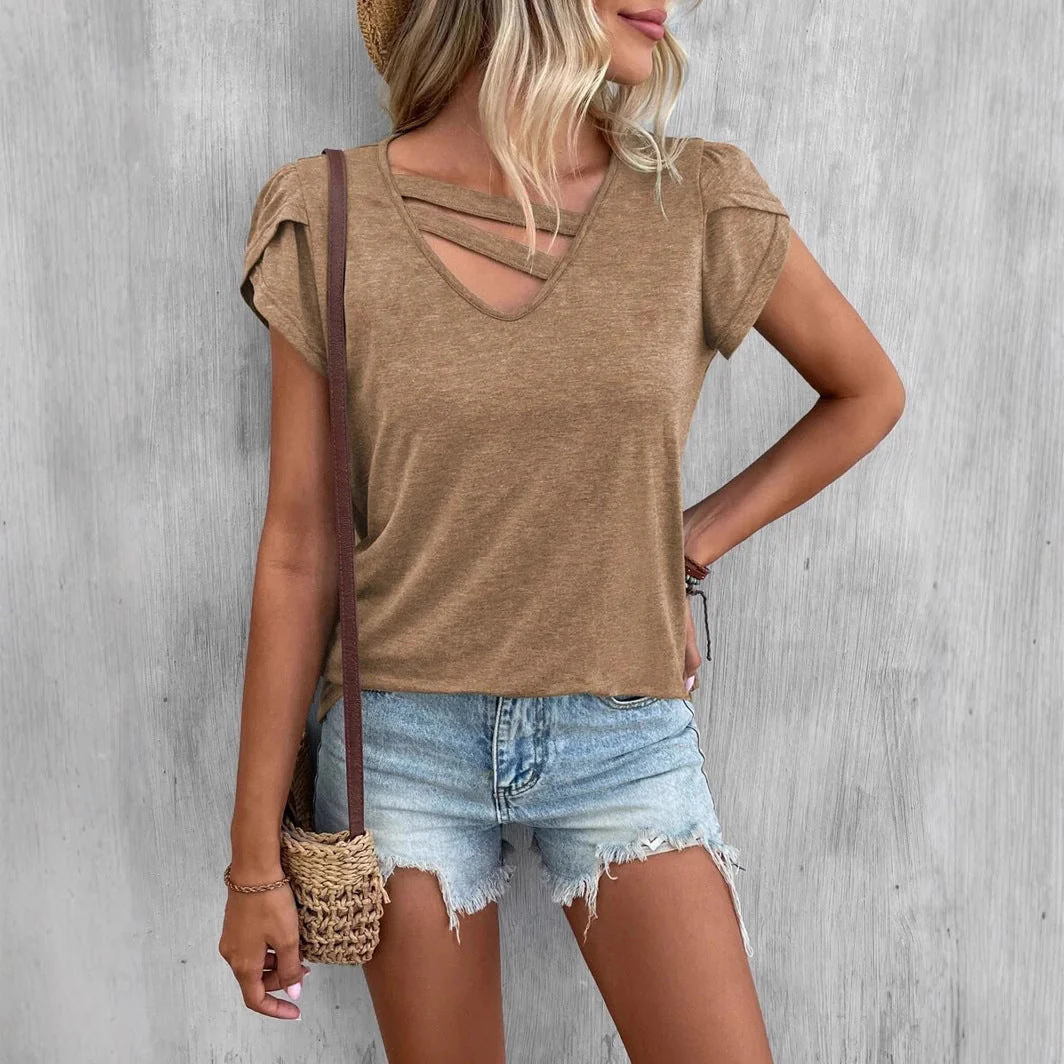 Damen Lässiges Kurzarm T-Shirt mit Einzigartigem Kreuz-Ausschnitt Heidi-Mode - Image 5