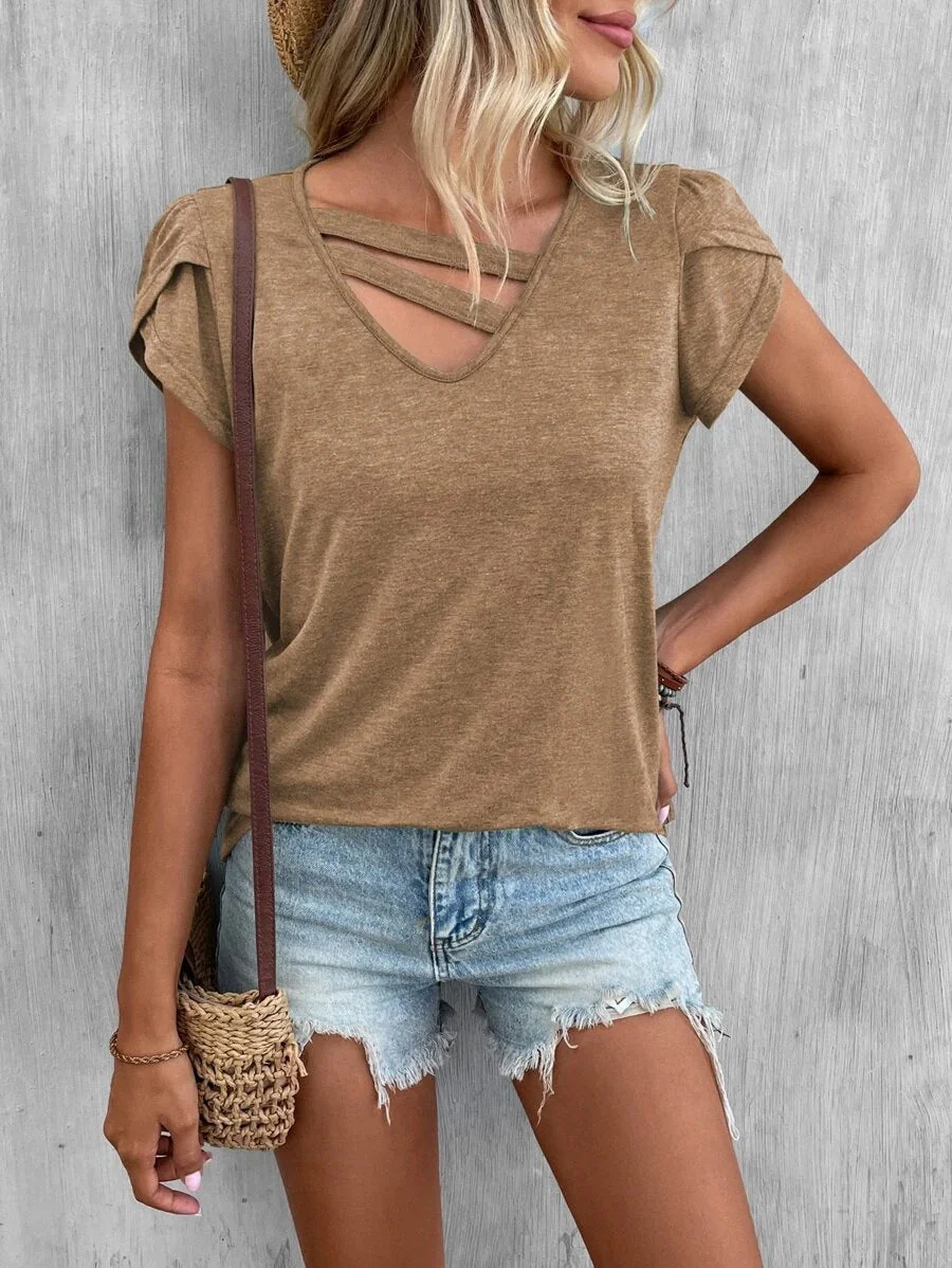 Damen Lässiges Kurzarm T-Shirt mit Einzigartigem Kreuz-Ausschnitt Heidi-Mode - Image 7