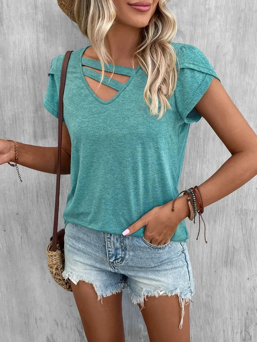 Damen Lässiges Kurzarm T-Shirt mit Einzigartigem Kreuz-Ausschnitt Heidi-Mode - Image 9
