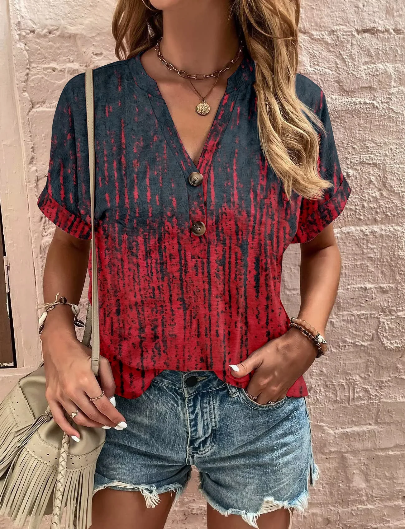 Damen Lässiges Kurzärmliges Blusenshirt mit Verspieltem Paisleymuster und Modernen Knopfdetails Heidi-Mode - Image 7