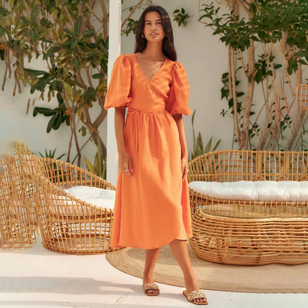 Damen Lässiges Leinenkleid mit Ballonärmeln und Tailliertem Gürtel Heidi-Mode - Image 10