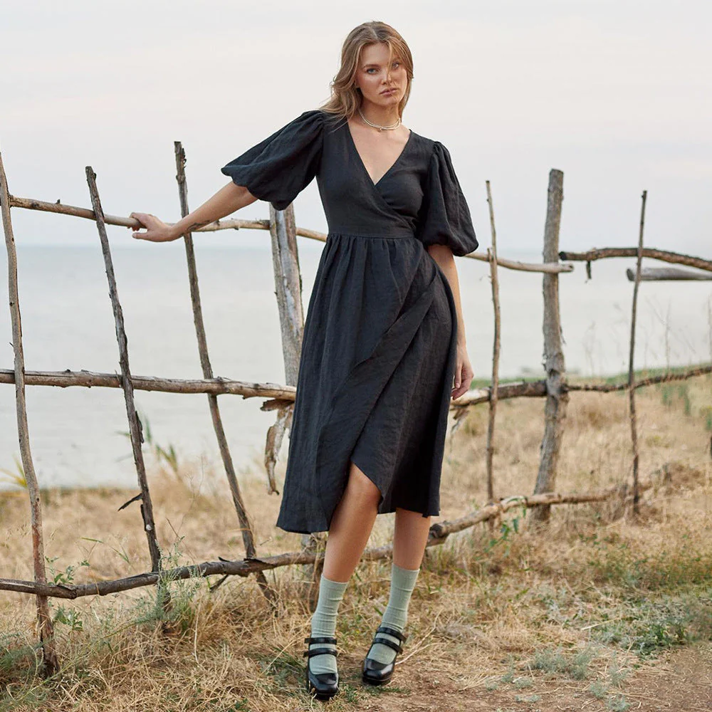 Damen Lässiges Leinenkleid mit Ballonärmeln und Tailliertem Gürtel Heidi-Mode - Image 8