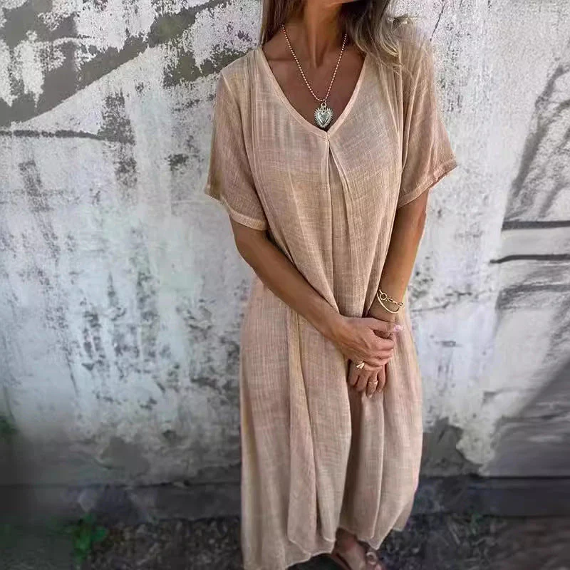 Damen Lässiges Leinenkleid mit V-Ausschnitt und Seitlichen Taschen Heidi-Mode - Image 6