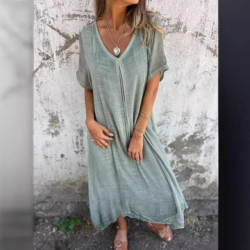 Damen Lässiges Leinenkleid mit V-Ausschnitt und Seitlichen Taschen Heidi-Mode - Image 7