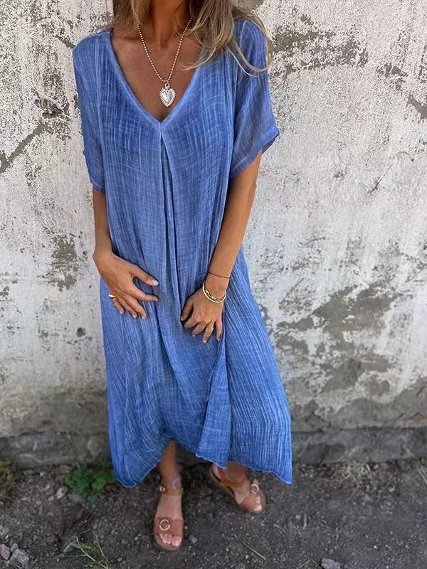Damen Lässiges Leinenkleid mit V-Ausschnitt und Seitlichen Taschen Heidi-Mode - Image 9