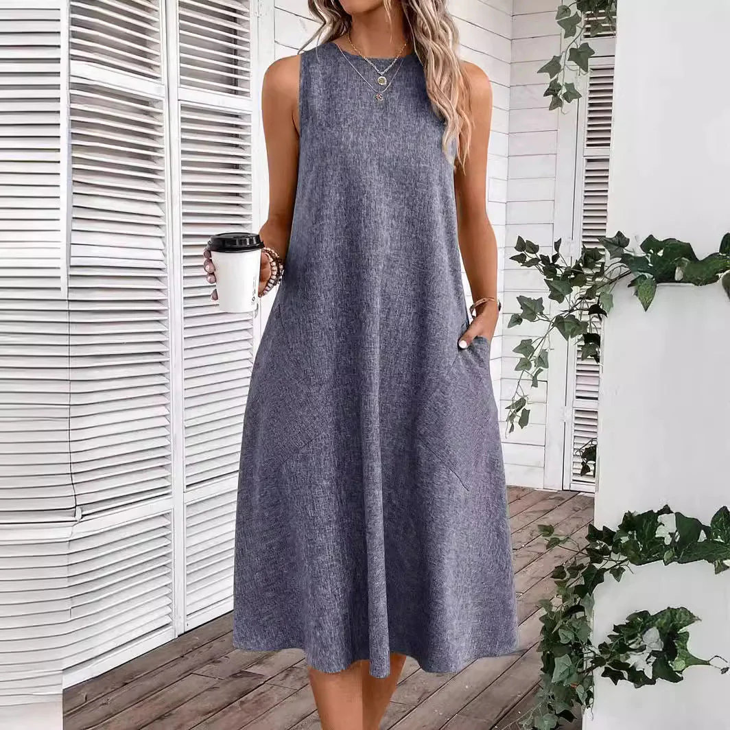 Damen Lässiges Midi-Kleid mit Tiefem Ausschnitt und Praktischen Taschen Heidi-Mode