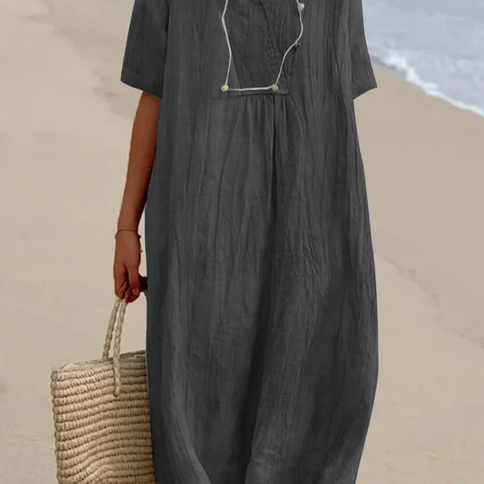Damen lässiges Midi-Kleid mit V-Ausschnitt und bequemen Kurzärmeln Heidi-Mode - Image 5