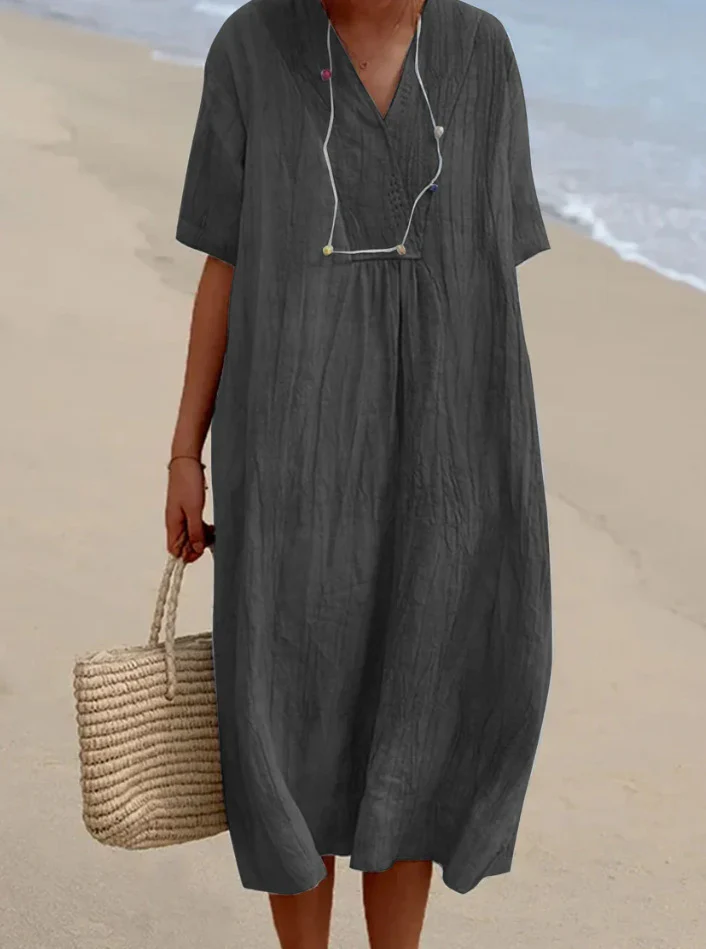 Damen lässiges Midi-Kleid mit V-Ausschnitt und bequemen Kurzärmeln Heidi-Mode - Image 6