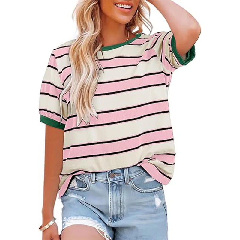 Damen Lässiges Streifen T-Shirt mit Kurzarm und Rundhalsausschnitt Heidi-Mode - Image 2