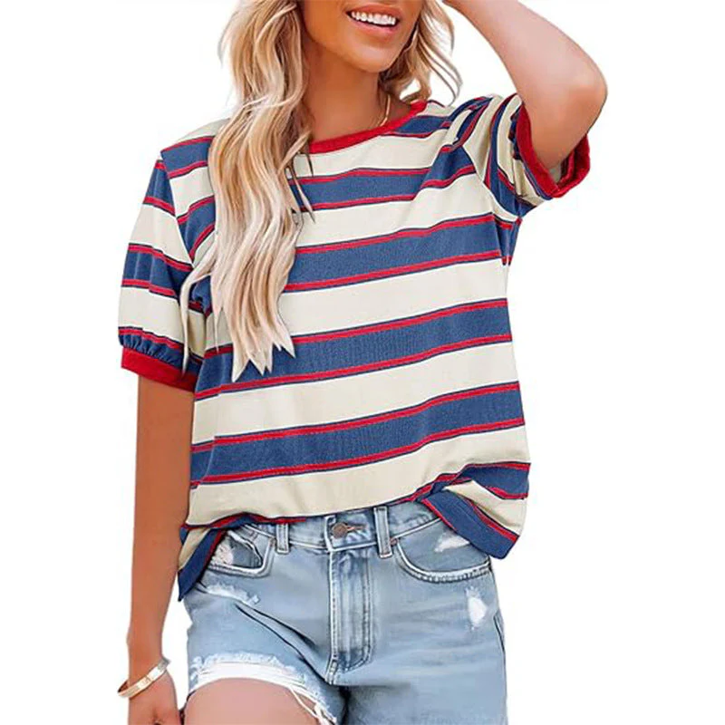 Damen Lässiges Streifen T-Shirt mit Kurzarm und Rundhalsausschnitt Heidi-Mode - Image 4