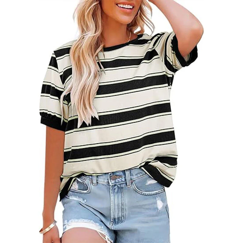 Damen Lässiges Streifen T-Shirt mit Kurzarm und Rundhalsausschnitt Heidi-Mode - Image 8