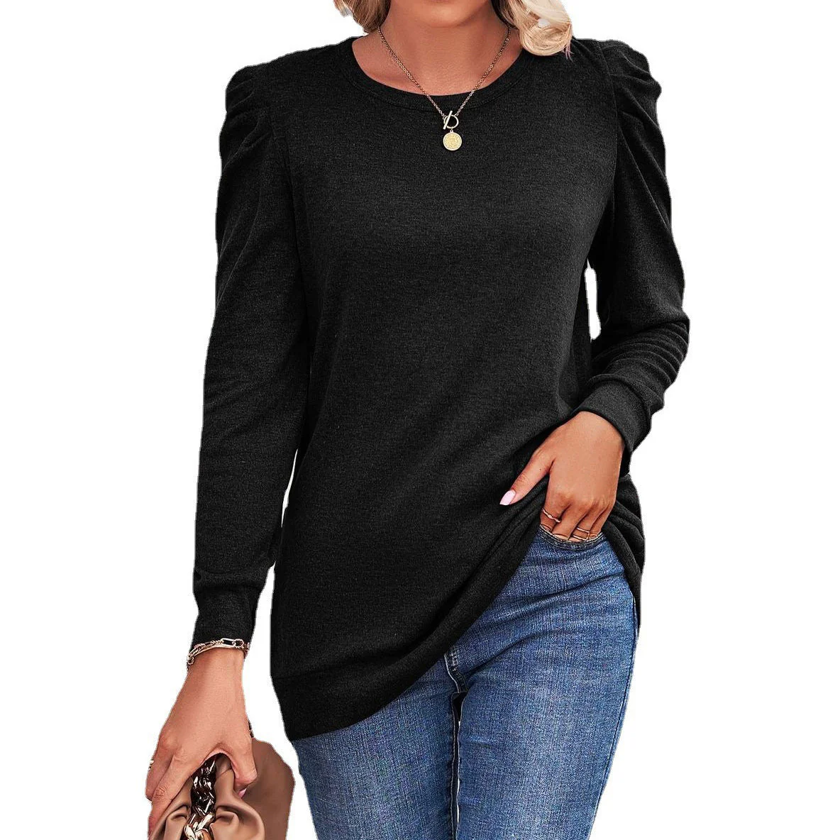 Damen Lässiges Sweatshirt mit Puffärmeln und Asymmetrischem Saum Heidi-Mode - Image 4