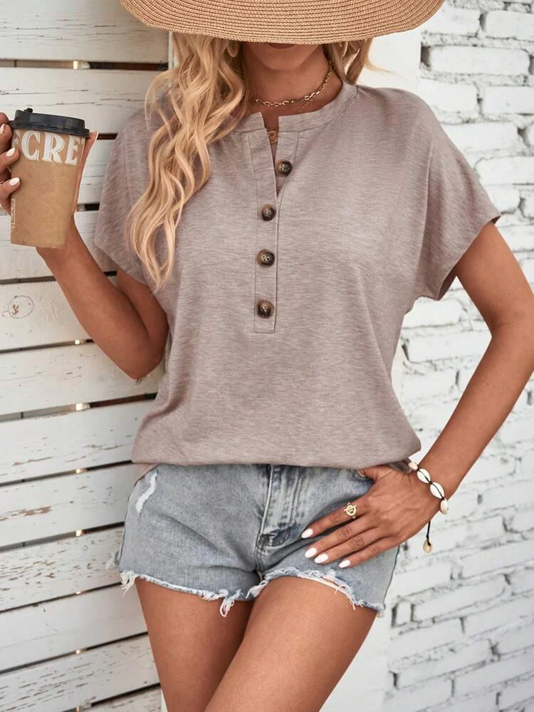 Damen lässiges T-Shirt mit Knopfleiste und kurzem Ärmel Heidi-Mode - Image 8