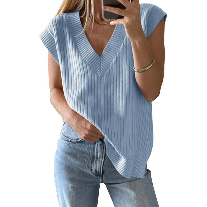 Damen lässiges V-Ausschnitt Oberteil aus Rippstrickmaterial Heidi-Mode - Image 10