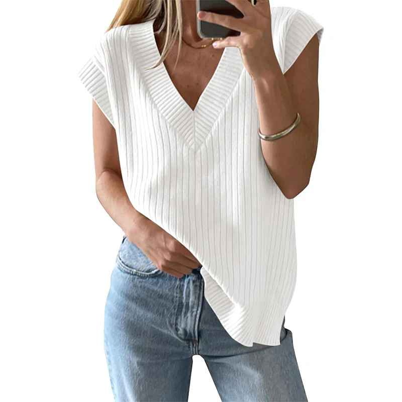 Damen lässiges V-Ausschnitt Oberteil aus Rippstrickmaterial Heidi-Mode - Image 7