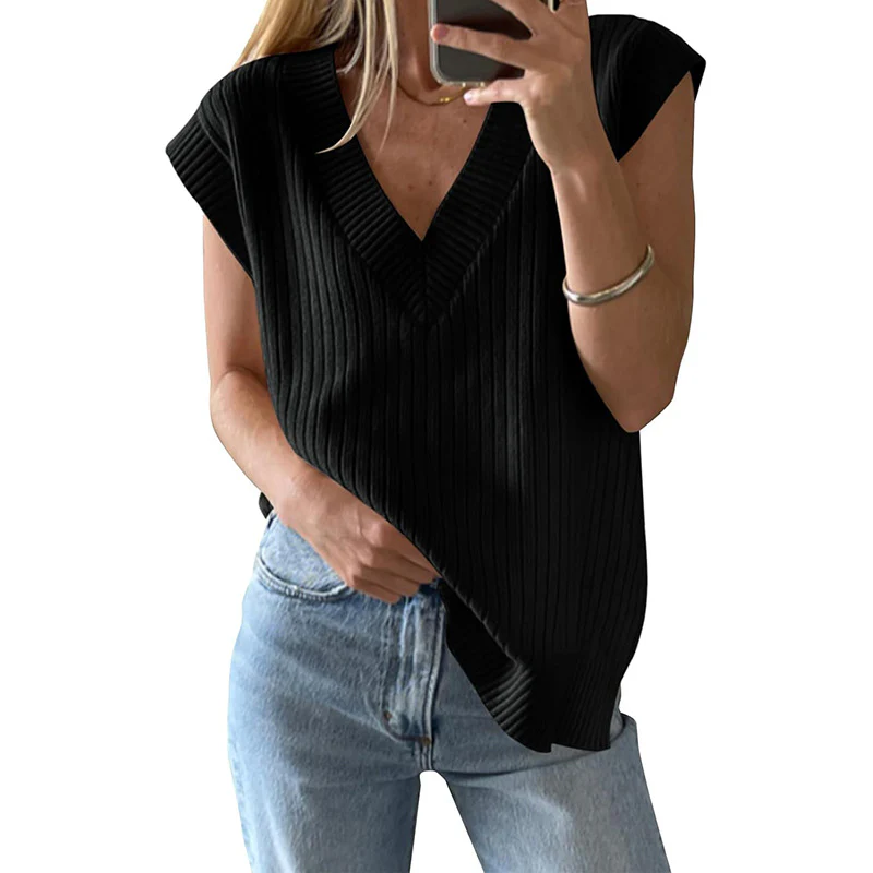 Damen lässiges V-Ausschnitt Oberteil aus Rippstrickmaterial Heidi-Mode - Image 9